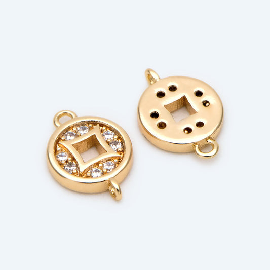 4pcs CZ Pave Gold Chinese Coin Charm, Real Gold plated Brass, Round Coin Disk Pendants (GB-2535)