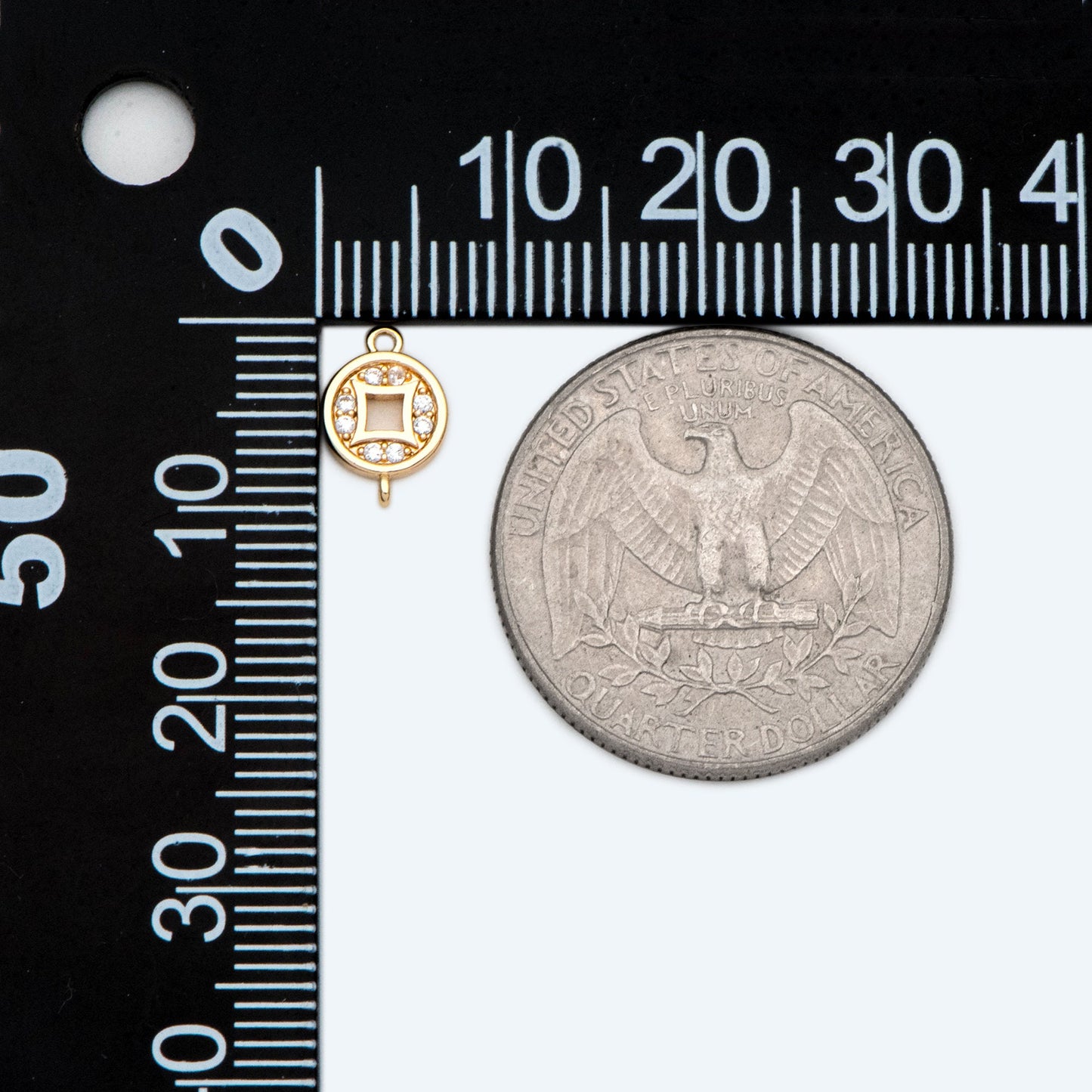 4pcs CZ Pave Gold Chinese Coin Charm, Real Gold plated Brass, Round Coin Disk Pendants (GB-2535)