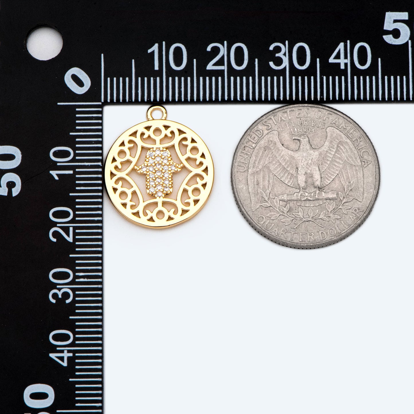 4pcs CZ Pave Gold Hand Round hollow Charms, 18K Gold plated Brass Pendants (GB-3923-I)