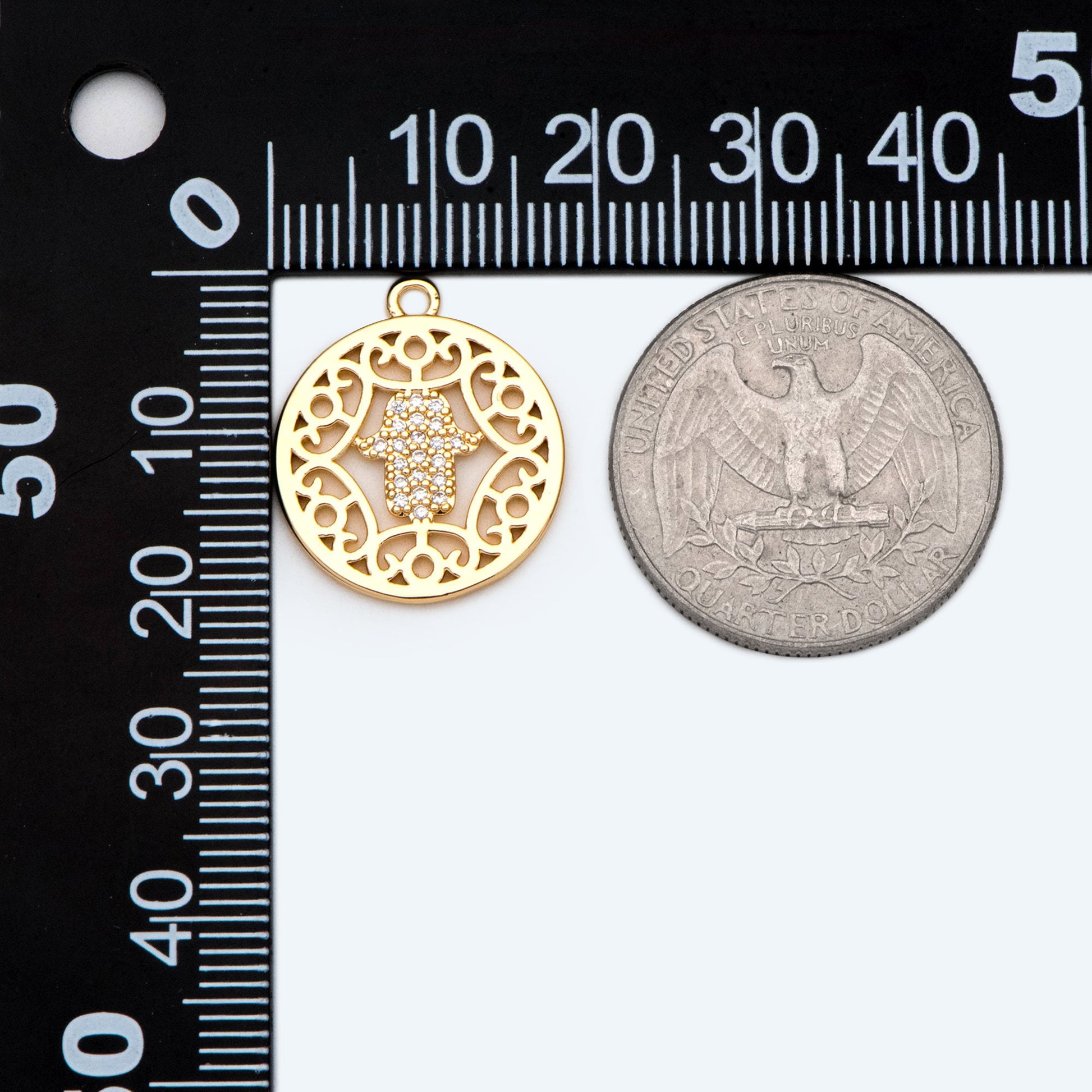 4pcs CZ Pave Gold Hand Round hollow Charms, 18K Gold plated Brass Pendants (GB-3923-I)