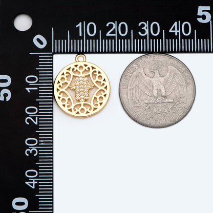 4pcs CZ Pave Gold Hand Round hollow Charms, 18K Gold plated Brass Pendants (GB-3923-I)