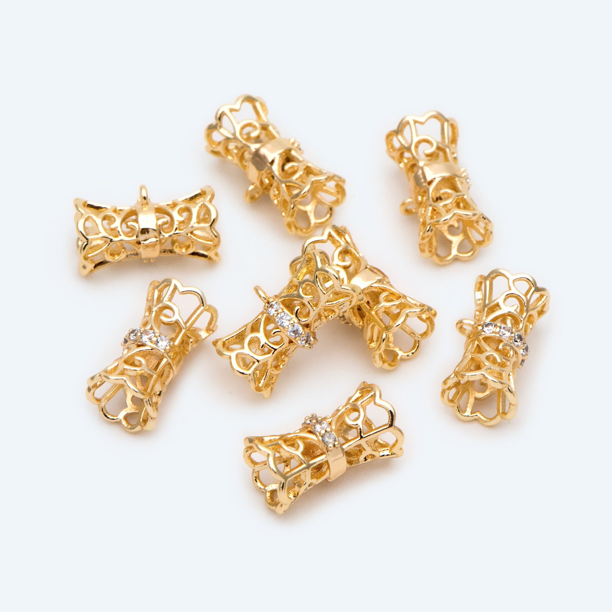4pcs CZ Pave Gold Filigree Tube Spacer Beads with Loop, Bracelet Bails, Tube Pendant, Filigree Charm, Gold Plated Findinigs (GB-2504)