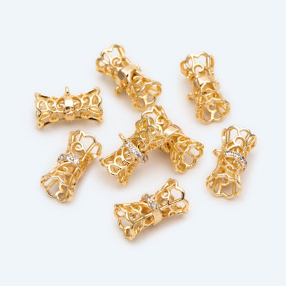 4pcs CZ Pave Gold Filigree Tube Spacer Beads with Loop, Bracelet Bails, Tube Pendant, Filigree Charm, Gold Plated Findinigs (GB-2504)