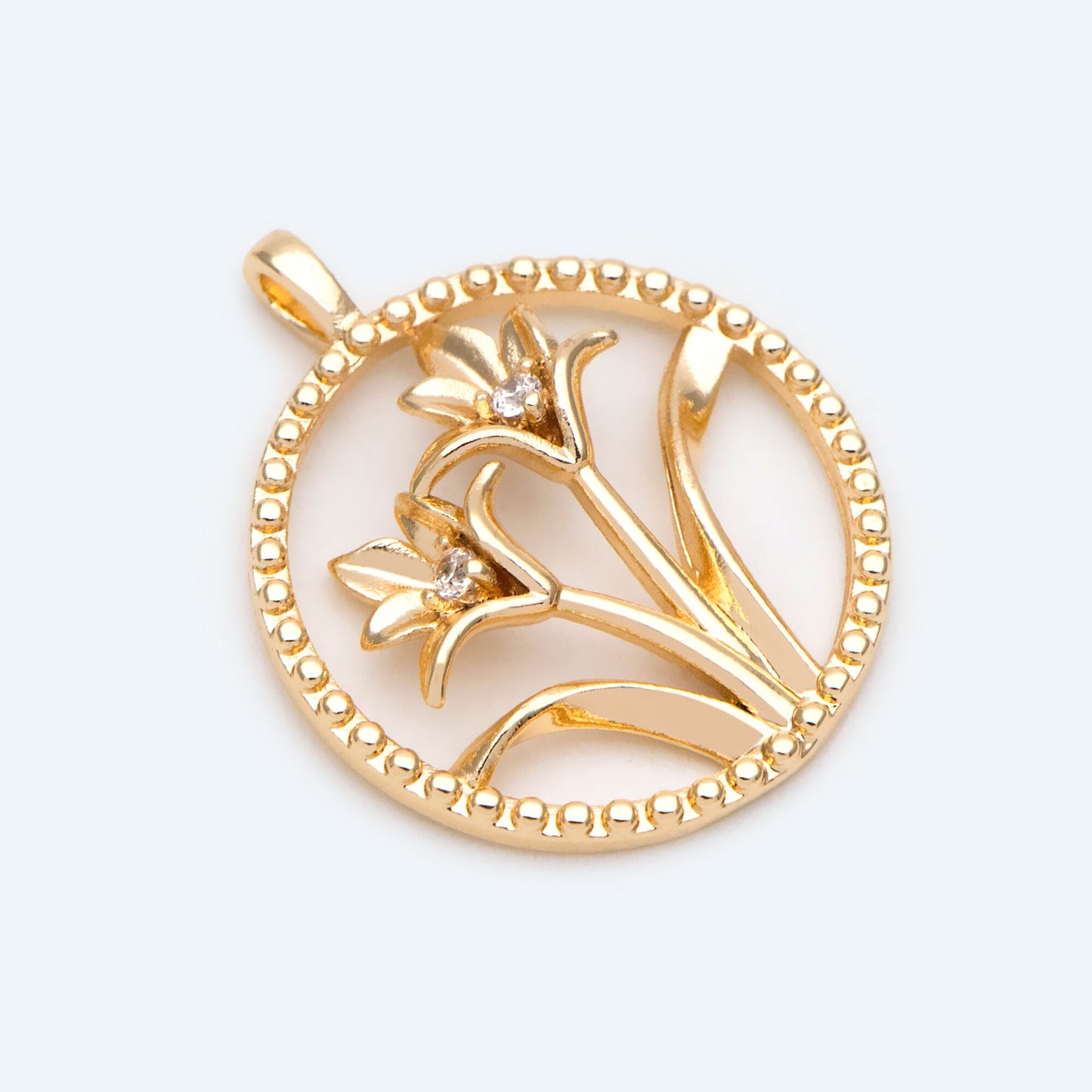 4pcs CZ Pave Gold Round Flower Charms, 18K Gold plated Brass, Disk Pendants (GB-3118-F)