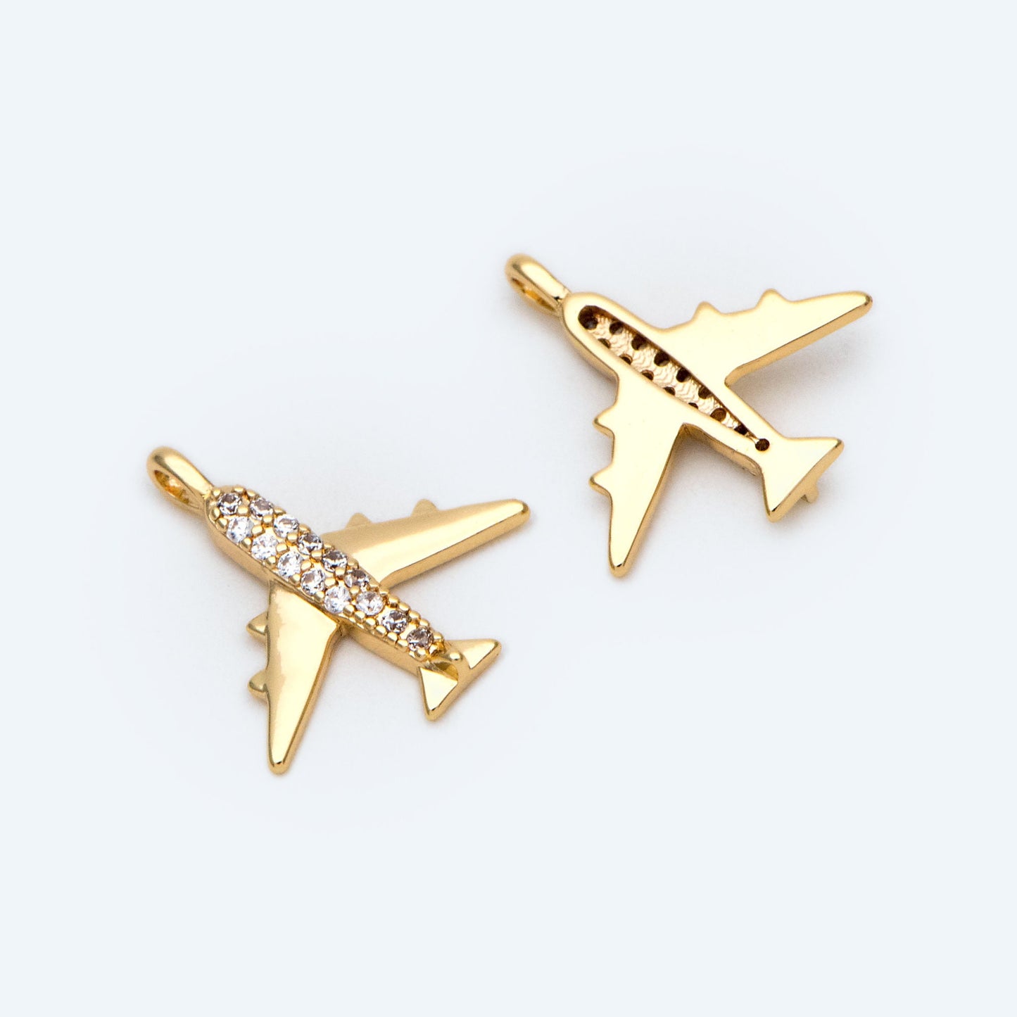 4pcs CZ Pave Airplane Charms 14mm, 18K Gold plated Brass, Mini Plane Pendants (GB-2471)
