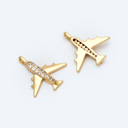 4pcs CZ Pave Airplane Charms 14mm, 18K Gold plated Brass, Mini Plane Pendants (GB-2471)