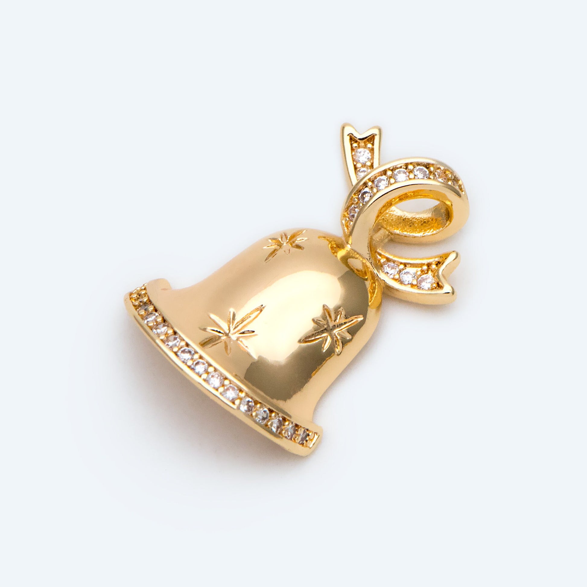 4pcs Gold Plated CZ Christmas Bell Charms: Tiny Jingle Pendants 21x14mm, (GB-713-N)