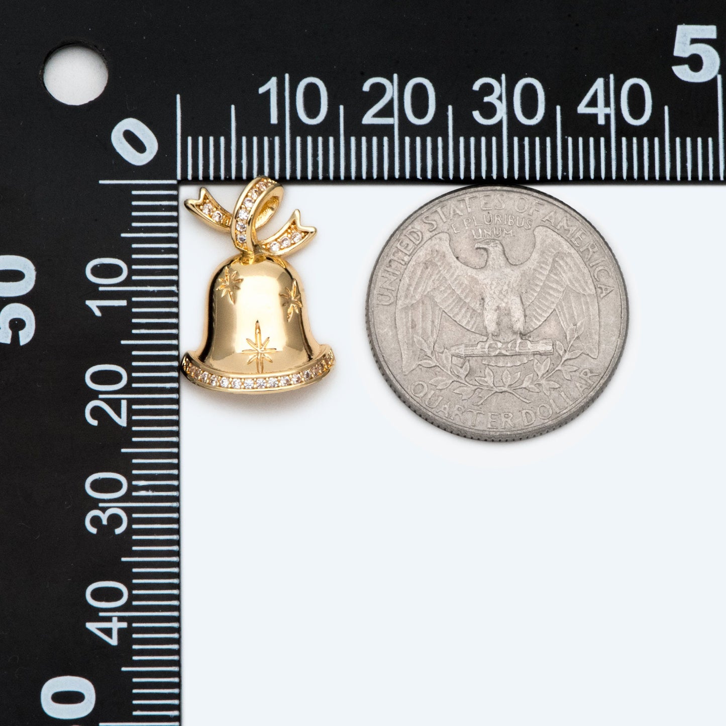 4pcs Gold Plated CZ Christmas Bell Charms: Tiny Jingle Pendants 21x14mm, (GB-713-N)
