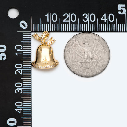 4pcs Gold Plated CZ Christmas Bell Charms: Tiny Jingle Pendants 21x14mm, (GB-713-N)