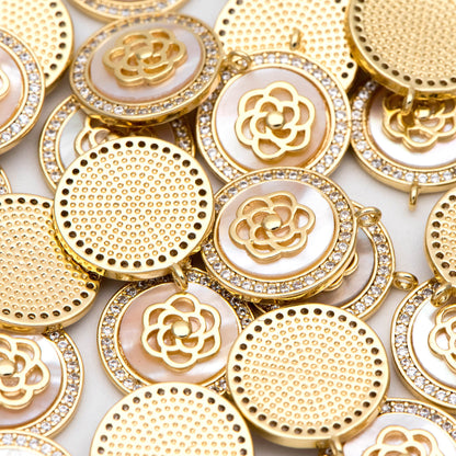 4pcs CZ Pave Gold Flower Disc Charm, Shell Disc Coin Pendants(GB-3579-D)