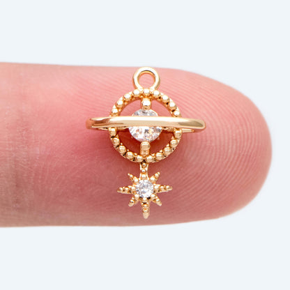 4pcs CZ Pave Gold Planet Charm, Tiny Saturn Charm 14x11mm, 18K Gold plated Brass, Saturn Pendants (GB-1173-C)