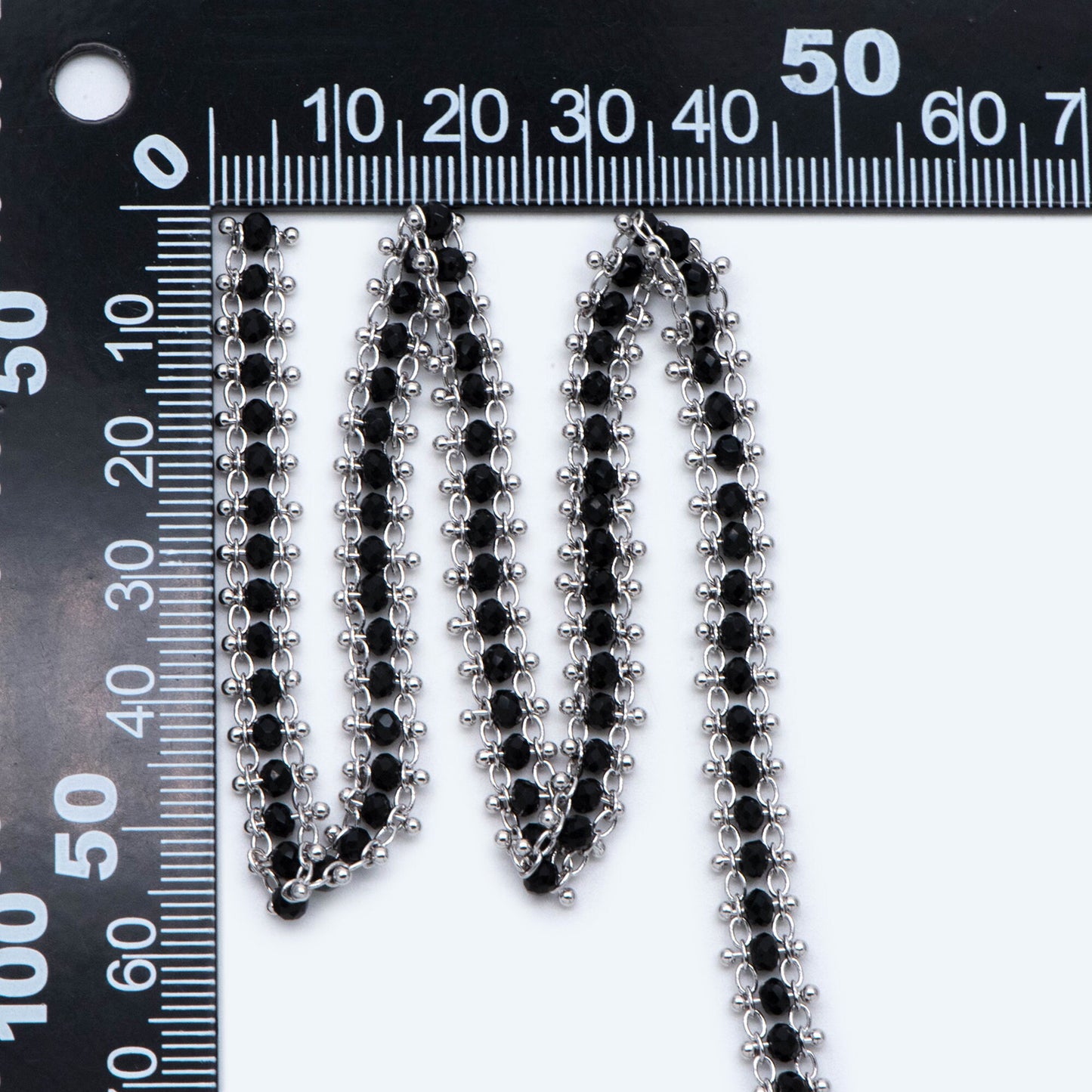 Rhodium plated Brass Beaded Chain 7mm, Silver tone Designer Chain, with Black Crystal Glass Rondelle Beads (#LK-484)/ 1 Meter=3.3ft