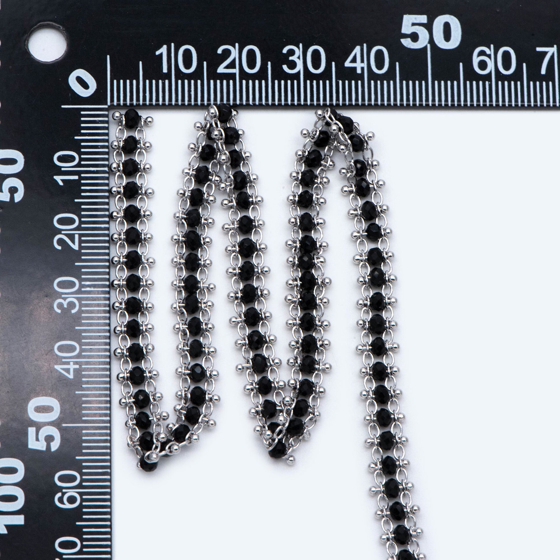 Rhodium plated Brass Beaded Chain 7mm, Silver tone Designer Chain, with Black Crystal Glass Rondelle Beads (#LK-484)/ 1 Meter=3.3ft