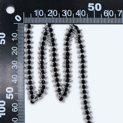 Rhodium plated Brass Beaded Chain 7mm, Silver tone Designer Chain, with Black Crystal Glass Rondelle Beads (#LK-484)/ 1 Meter=3.3ft
