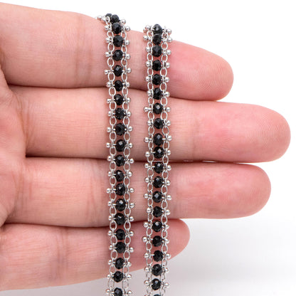 Rhodium plated Brass Beaded Chain 7mm, Silver tone Designer Chain, with Black Crystal Glass Rondelle Beads (#LK-484)/ 1 Meter=3.3ft