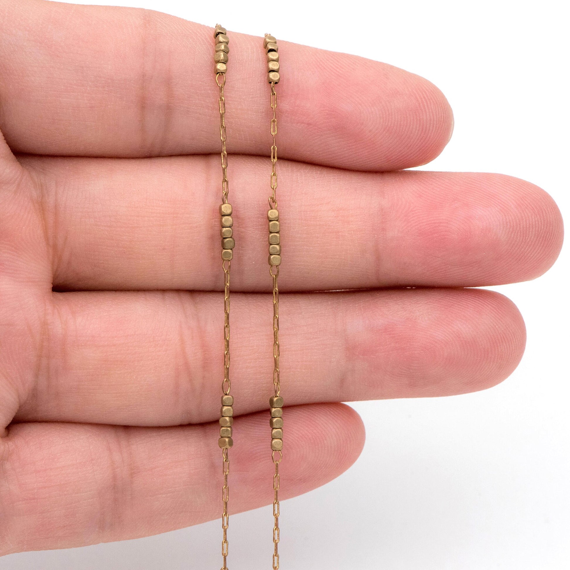 Raw Brass Beaded Chain, 0.9mm Thin Chain with 1.6mm Cube Beads, Un-plated Brass Delicate Chains (#LK-146-RB)/ 1 Meter=3.3 ft