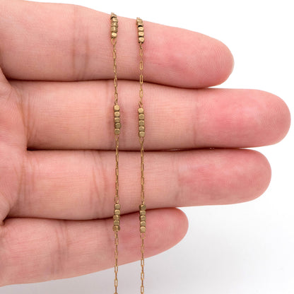 Raw Brass Beaded Chain, 0.9mm Thin Chain with 1.6mm Cube Beads, Un-plated Brass Delicate Chains (#LK-146-RB)/ 1 Meter=3.3 ft