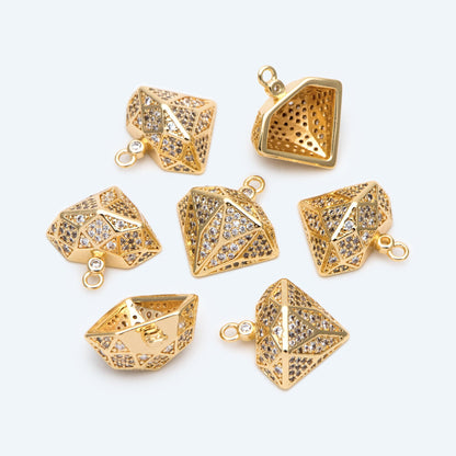 4pcs CZ pave Gold Diamond Charm, 3D Diamond Pendant, Diamond Contour Necklace, Contour Charm, DIY Jewelry Making Accessories (GB-2569)