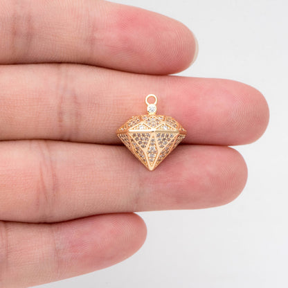 4pcs CZ pave Gold Diamond Charm, 3D Diamond Pendant, Diamond Contour Necklace, Contour Charm, DIY Jewelry Making Accessories (GB-2569)