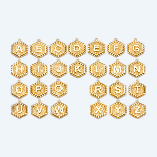 Gold/ Silver Alphabet Charms, English Letter Pendants 16x20mm, Hexagon Initial Coin Pendants, You Choose Letter (GB-2458)