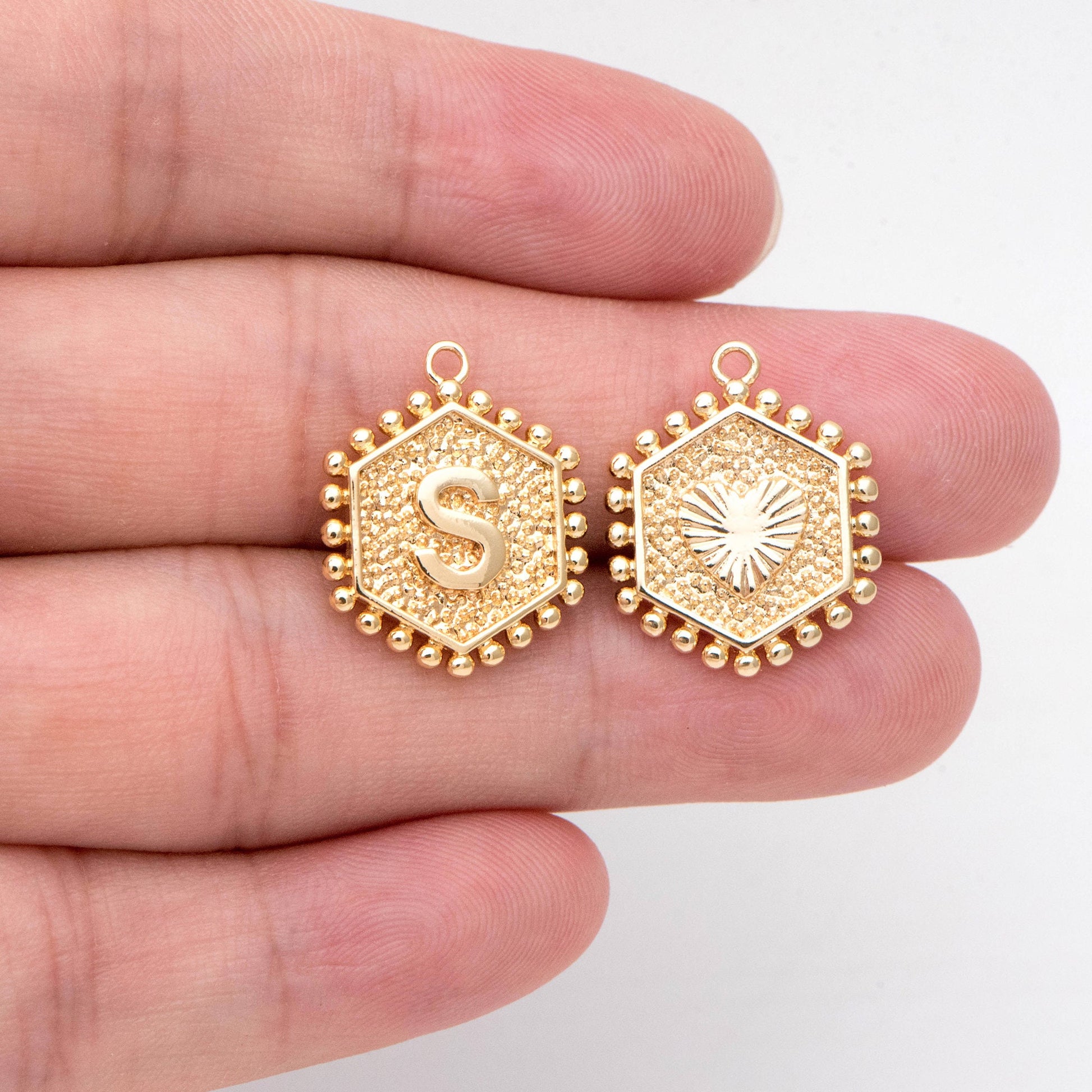 Gold/ Silver Alphabet Charms, English Letter Pendants 16x20mm, Hexagon Initial Coin Pendants, You Choose Letter (GB-2458)