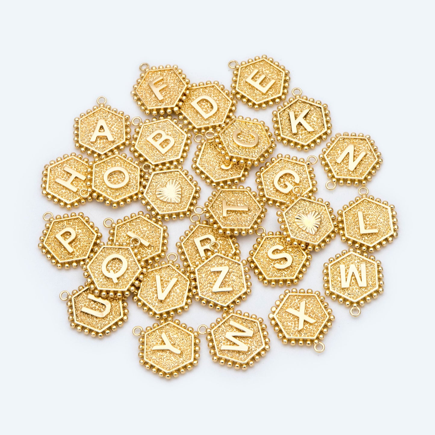 Gold/ Silver Alphabet Charms, English Letter Pendants 16x20mm, Hexagon Initial Coin Pendants, You Choose Letter (GB-2458)