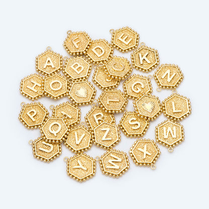 Gold/ Silver Alphabet Charms, English Letter Pendants 16x20mm, Hexagon Initial Coin Pendants, You Choose Letter (GB-2458)
