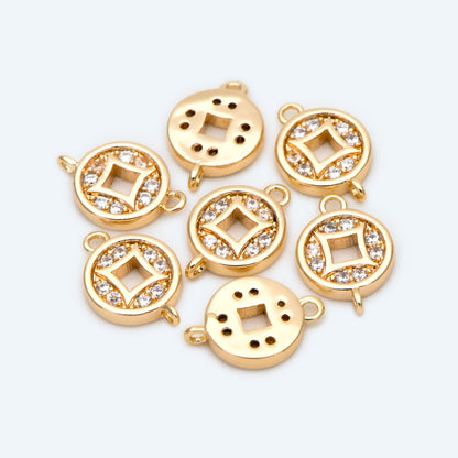 4pcs CZ Pave Gold Chinese Coin Charm, Real Gold plated Brass, Round Coin Disk Pendants (GB-2535)