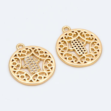 4pcs CZ Pave Gold Hand Round hollow Charms, 18K Gold plated Brass Pendants (GB-3923-I)