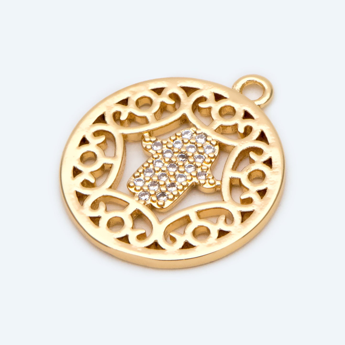 4pcs CZ Pave Gold Hand Round hollow Charms, 18K Gold plated Brass Pendants (GB-3923-I)