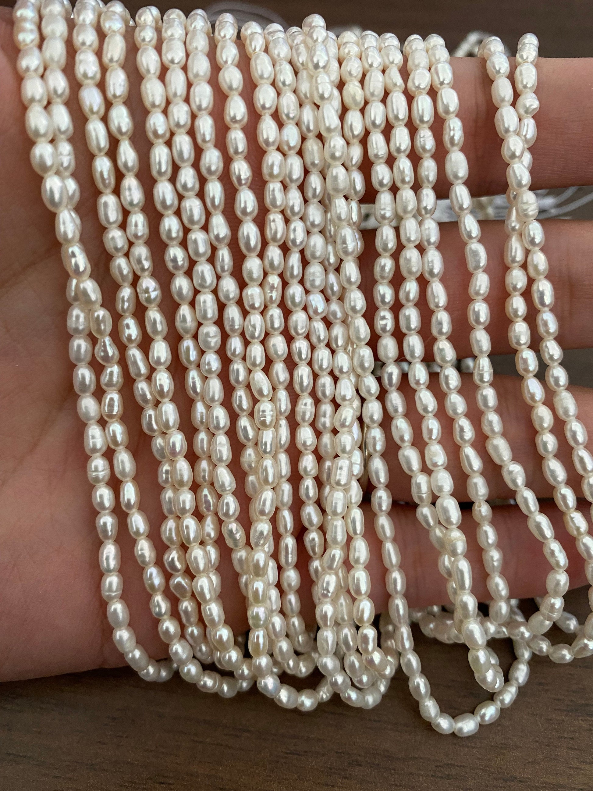 3mm Freshwater Oval Pearls, Natural White Rice Pearl (PL02-22)/ full strand