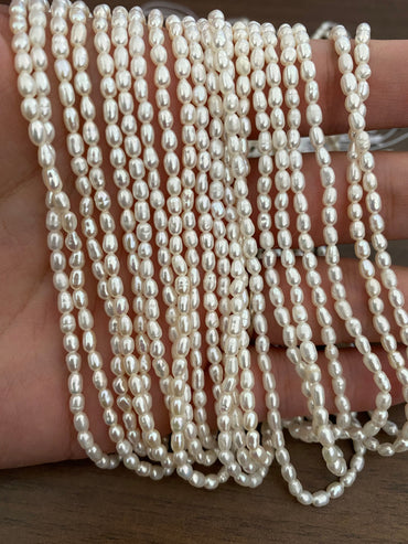 3mm Freshwater Oval Pearls, Natural White Rice Pearl (PL02-22)/ full strand