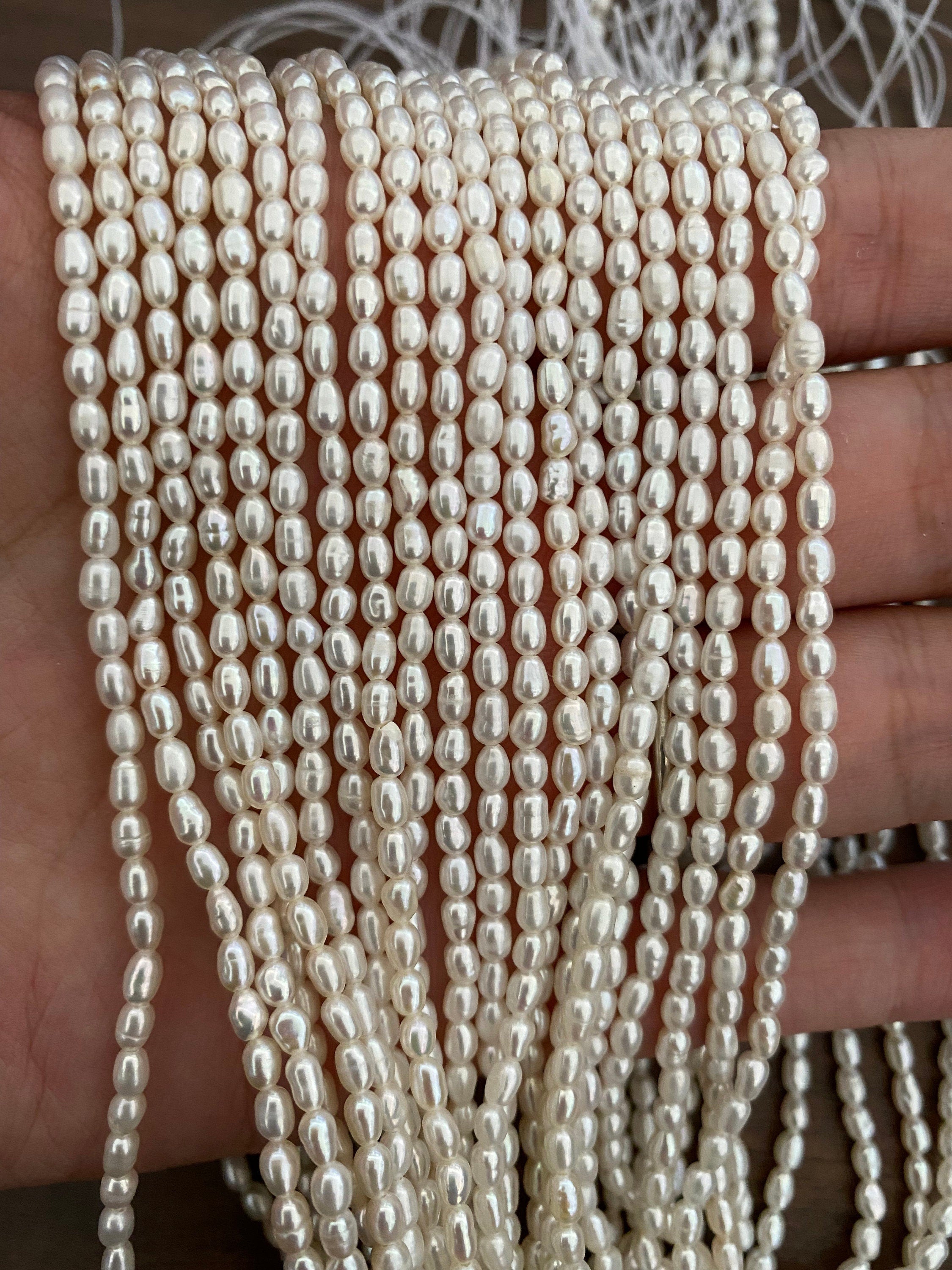 3mm Freshwater Oval Pearls, Natural White Rice Pearl (PL02-22)/ full strand