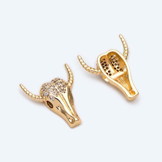 4pcs CZ Pave Gold OX Head Charm, Real Gold plated Brass, Jewelry Supply (GB-3616-C)