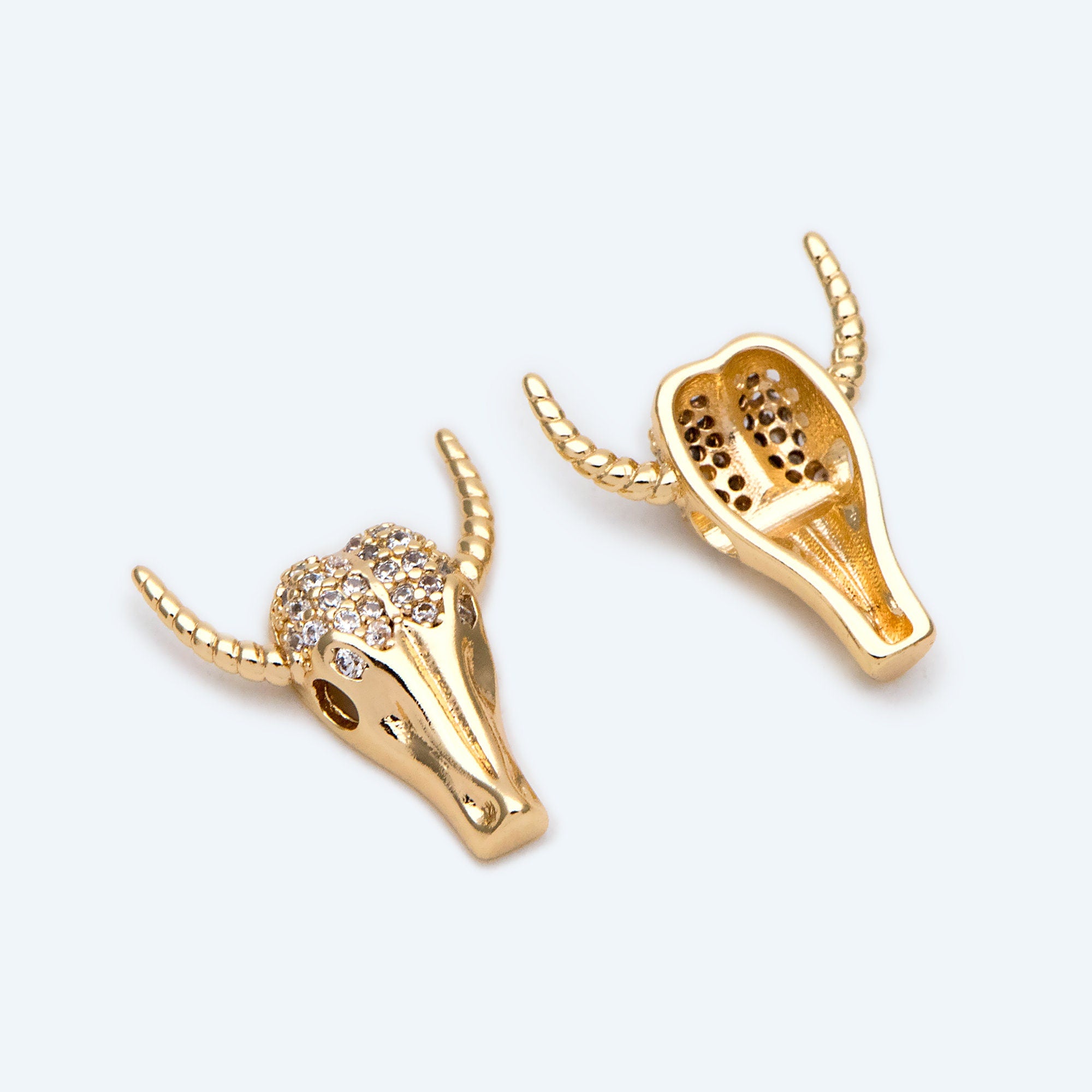 4pcs CZ Pave Gold OX Head Charm, Real Gold plated Brass, Jewelry Supply (GB-3616-C)