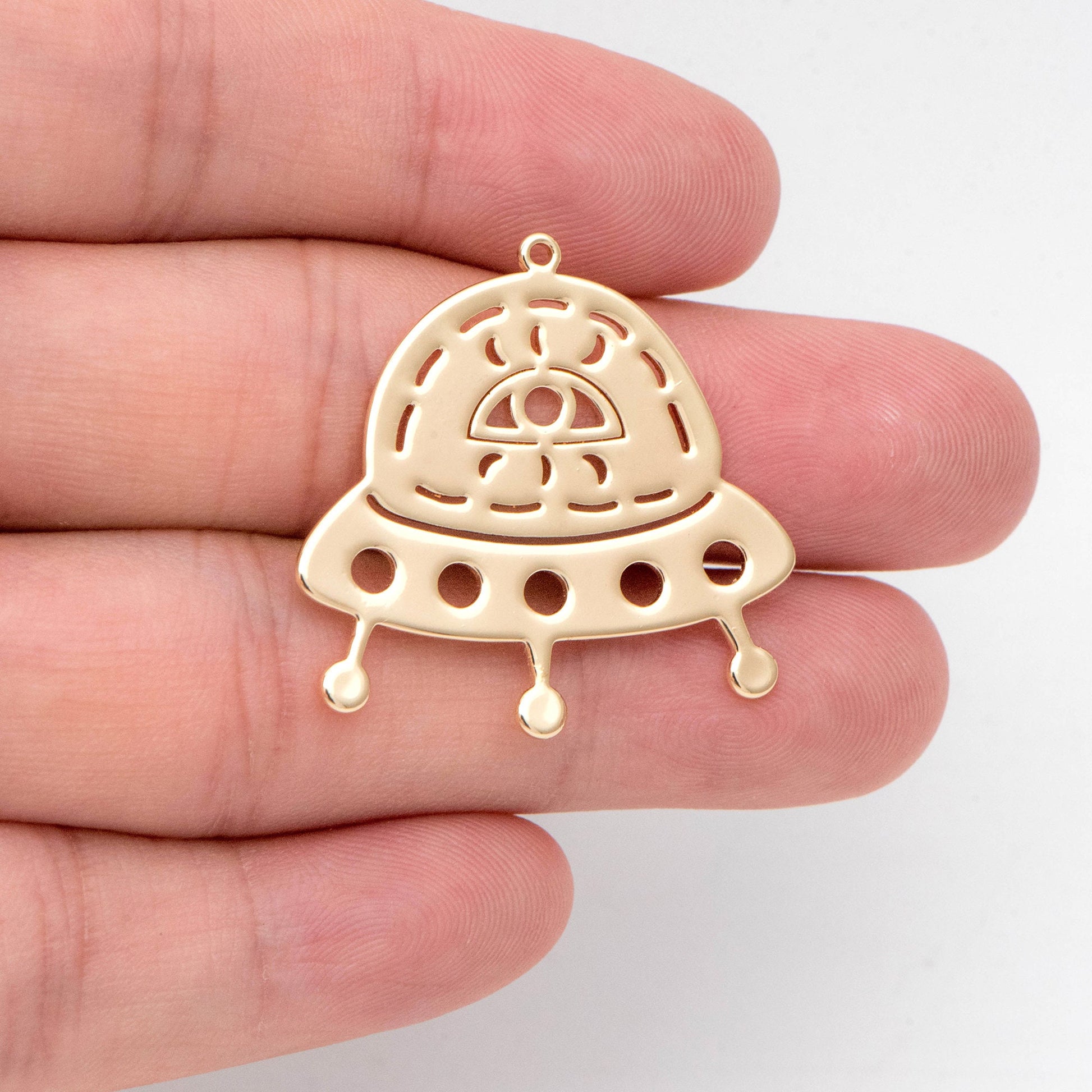 4pcs Gold Spaceship Pendants, UFO Alien Charms, Jewelry Making Supplies (GB-2499)