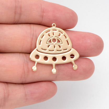 4pcs Gold Spaceship Pendants, UFO Alien Charms, Jewelry Making Supplies (GB-2499)
