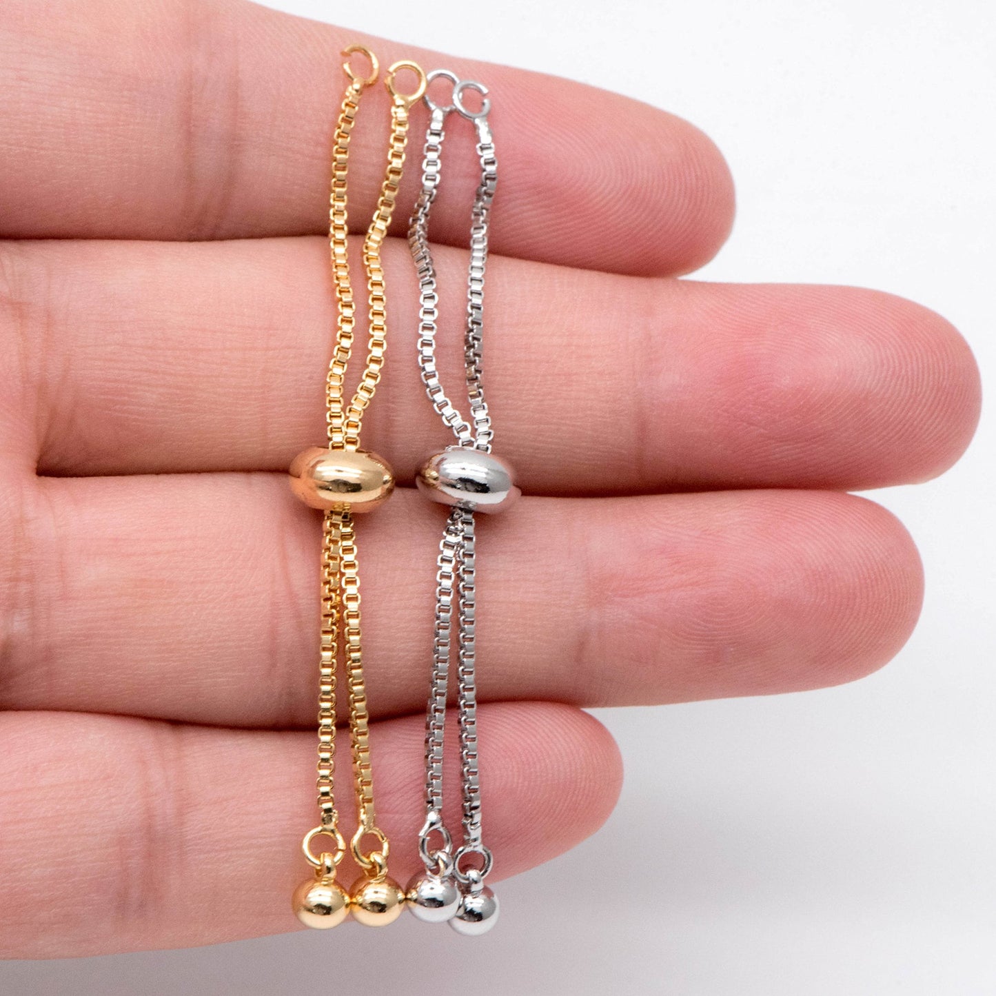 10pcs Gold/ Silver Sliding Adjustable Bracelet Making Chains, Half-finished Bracelet with Rubber Stopper Beads (GB-269-A)