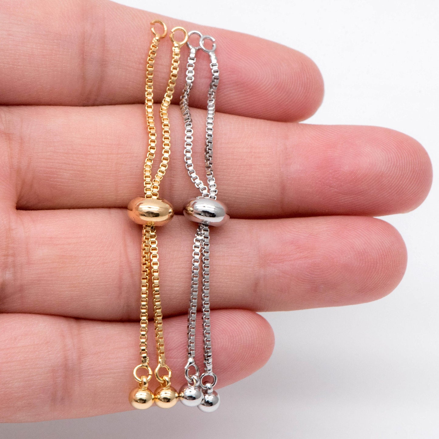 10pcs Gold/ Silver Sliding Adjustable Bracelet Making Chains, Half-finished Bracelet with Rubber Stopper Beads (GB-269-A)