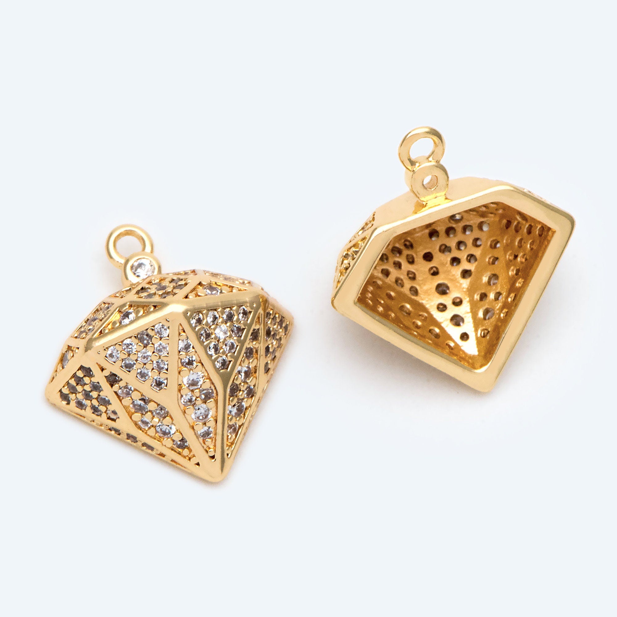 4pcs CZ pave Gold Diamond Charm, 3D Diamond Pendant, Diamond Contour Necklace, Contour Charm, DIY Jewelry Making Accessories (GB-2569)