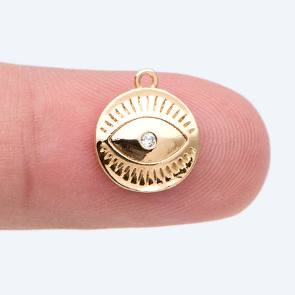 10pcs CZ Pave Gold Evil Eyes Charm, 18K Gold plated Brass, Round Evil Eyes Charm Pendants (GB-2601)