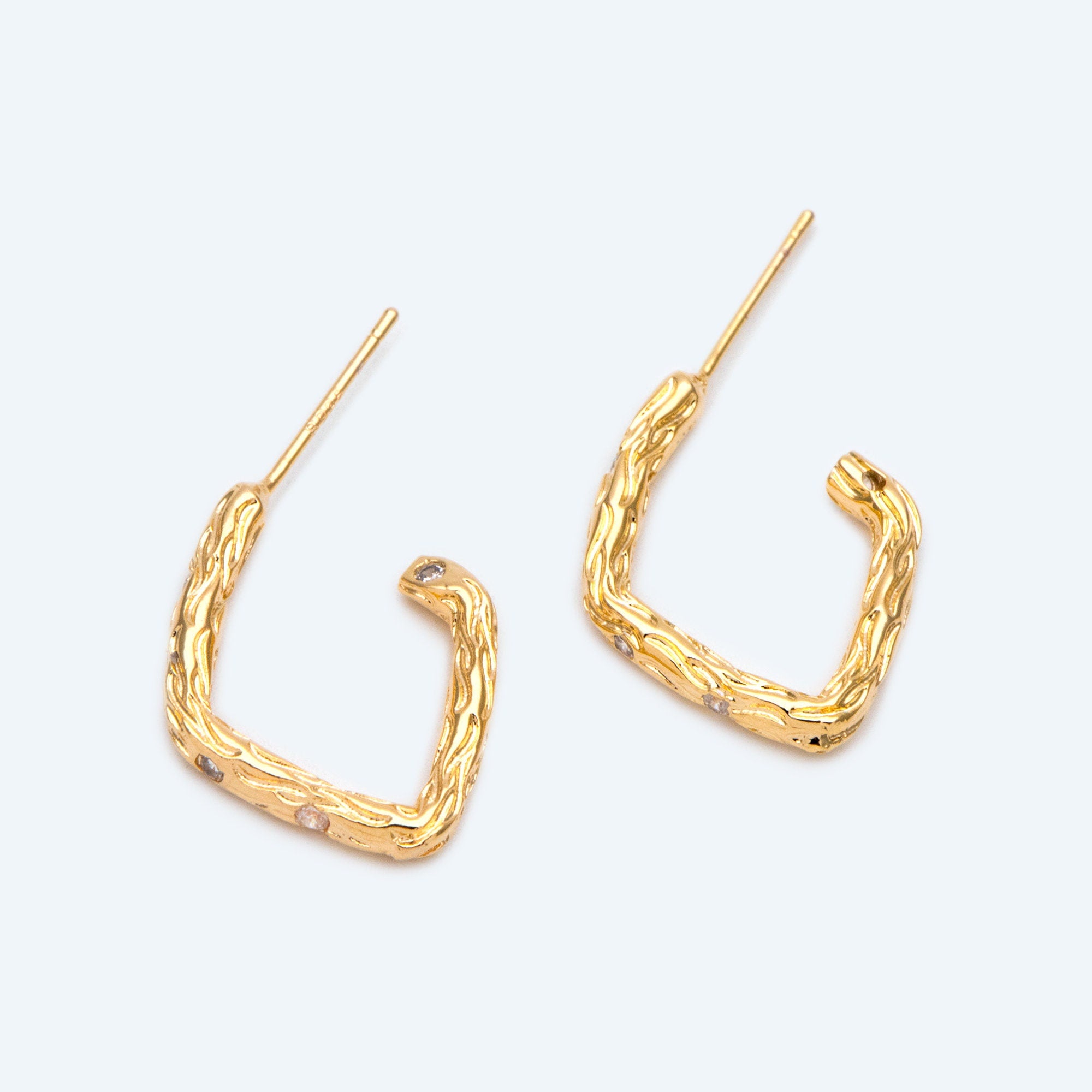 4pcs Rustic Ear Posts, 18K Gold Plated Brass, CZ pave Bar Earring Studs (GB-2606)