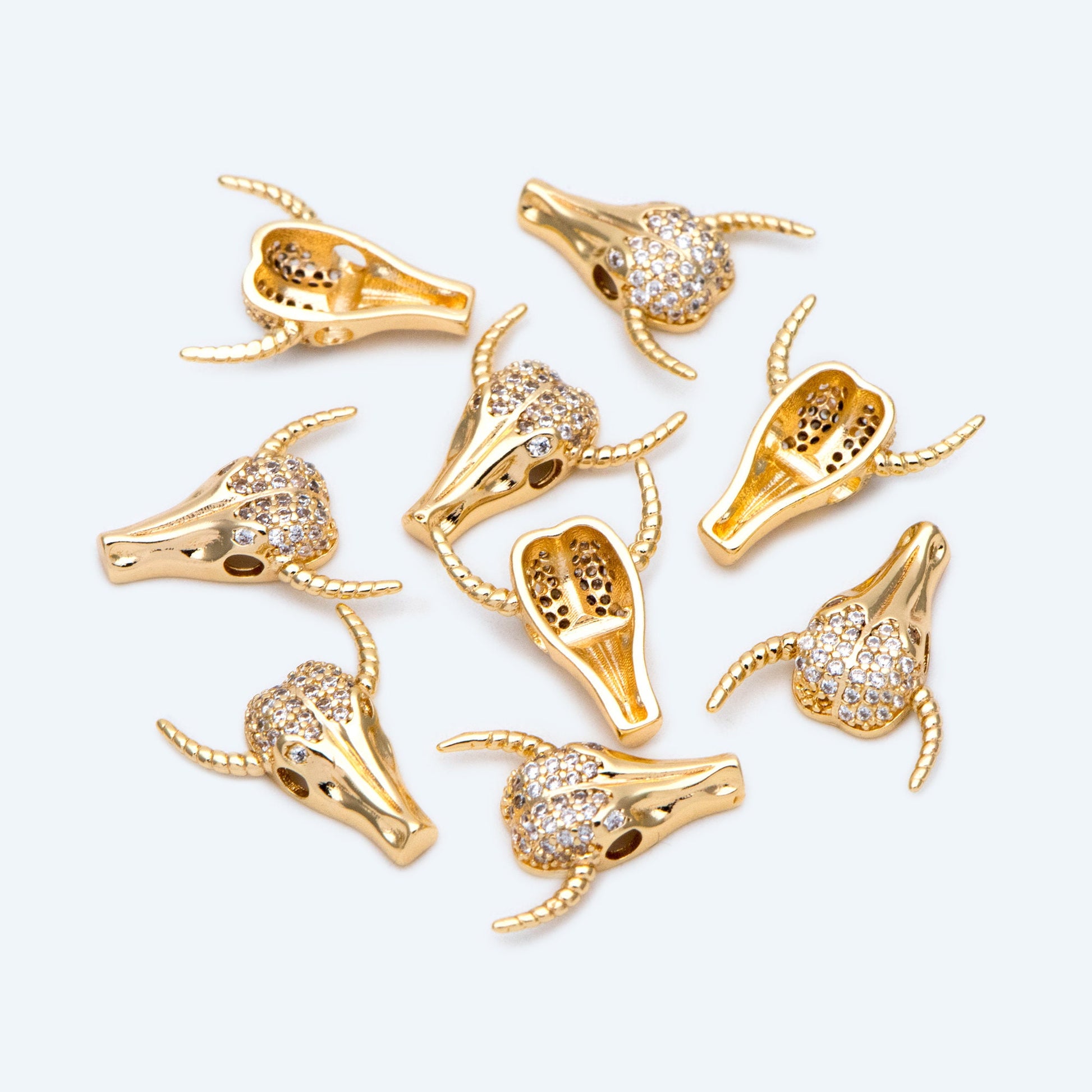 4pcs CZ Pave Gold OX Head Charm, Real Gold plated Brass, Jewelry Supply (GB-3616-C)