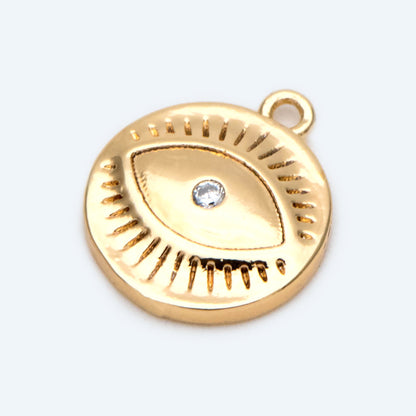 10pcs CZ Pave Gold Evil Eyes Charm, 18K Gold plated Brass, Round Evil Eyes Charm Pendants (GB-2601)