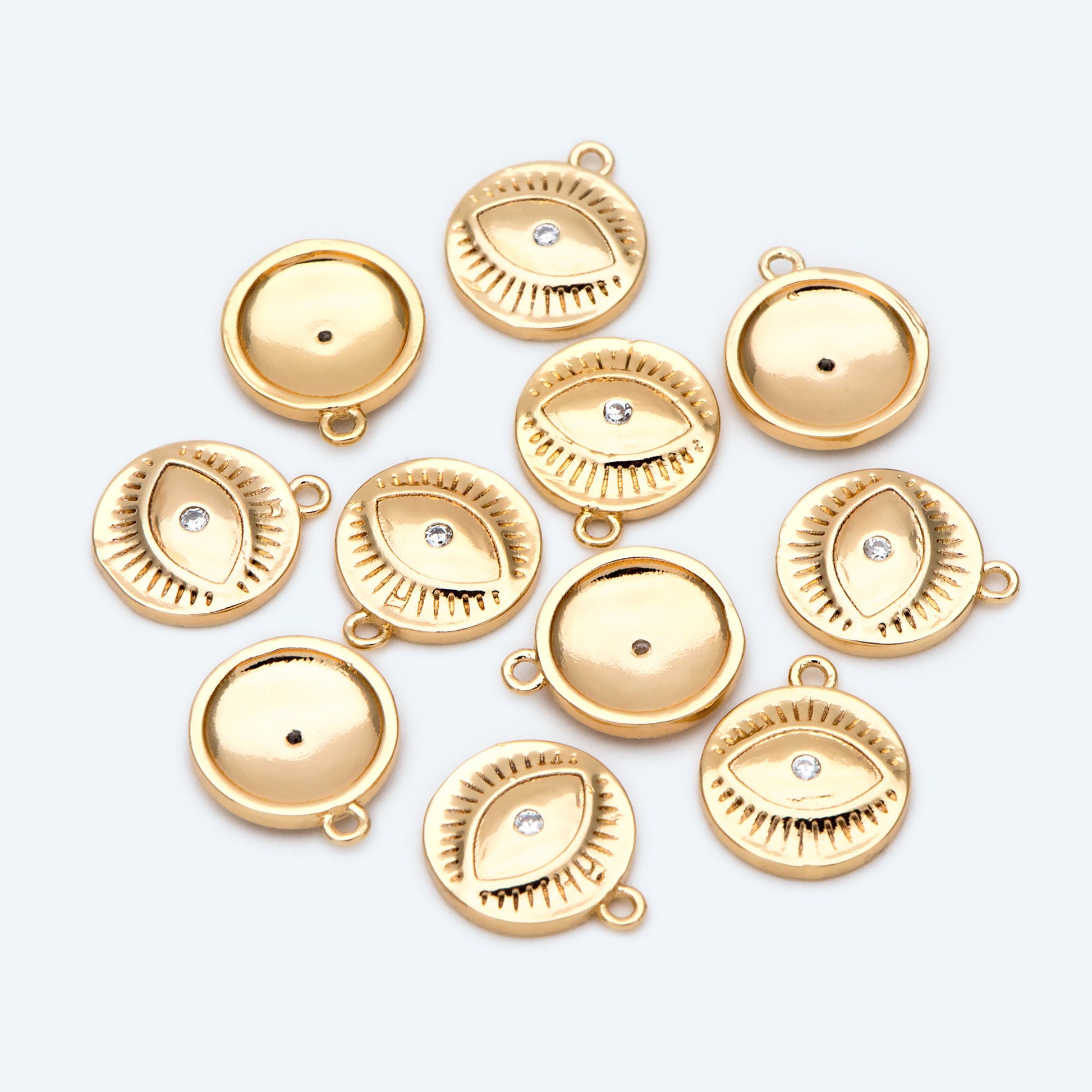 10pcs CZ Pave Gold Evil Eyes Charm, 18K Gold plated Brass, Round Evil Eyes Charm Pendants (GB-2601)