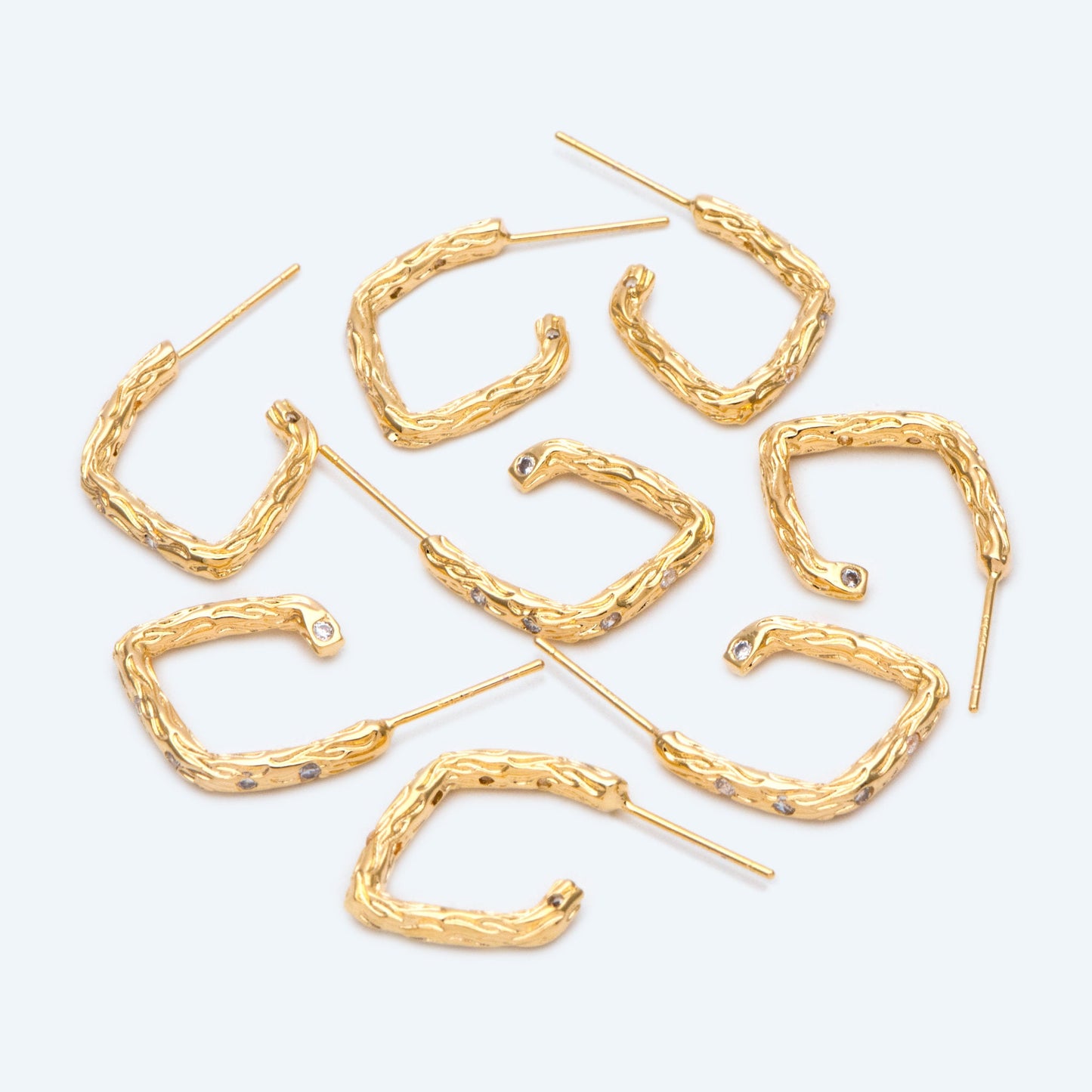 4pcs Rustic Ear Posts, 18K Gold Plated Brass, CZ pave Bar Earring Studs (GB-2606)