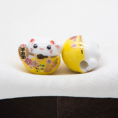 10 beads- Porcelain Lucky Cat beads 15mm, Ceramic Maneki Neko, Drilled Through, Yellow Pink Blue Red Black, Kawaii Cat Charms-(TC-157)