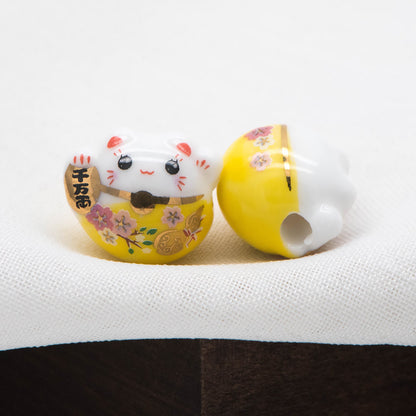 10 beads- Porcelain Lucky Cat beads 15mm, Ceramic Maneki Neko, Drilled Through, Yellow Pink Blue Red Black, Kawaii Cat Charms-(TC-157)