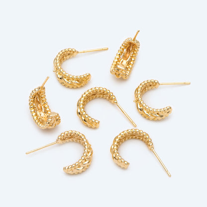 10pcs Gold Ear Posts, 18K Gold plated Brass, Hoop Stud Earrings 15mm, with Cup Peg for Half Drilled Pearl (GB-2619)
