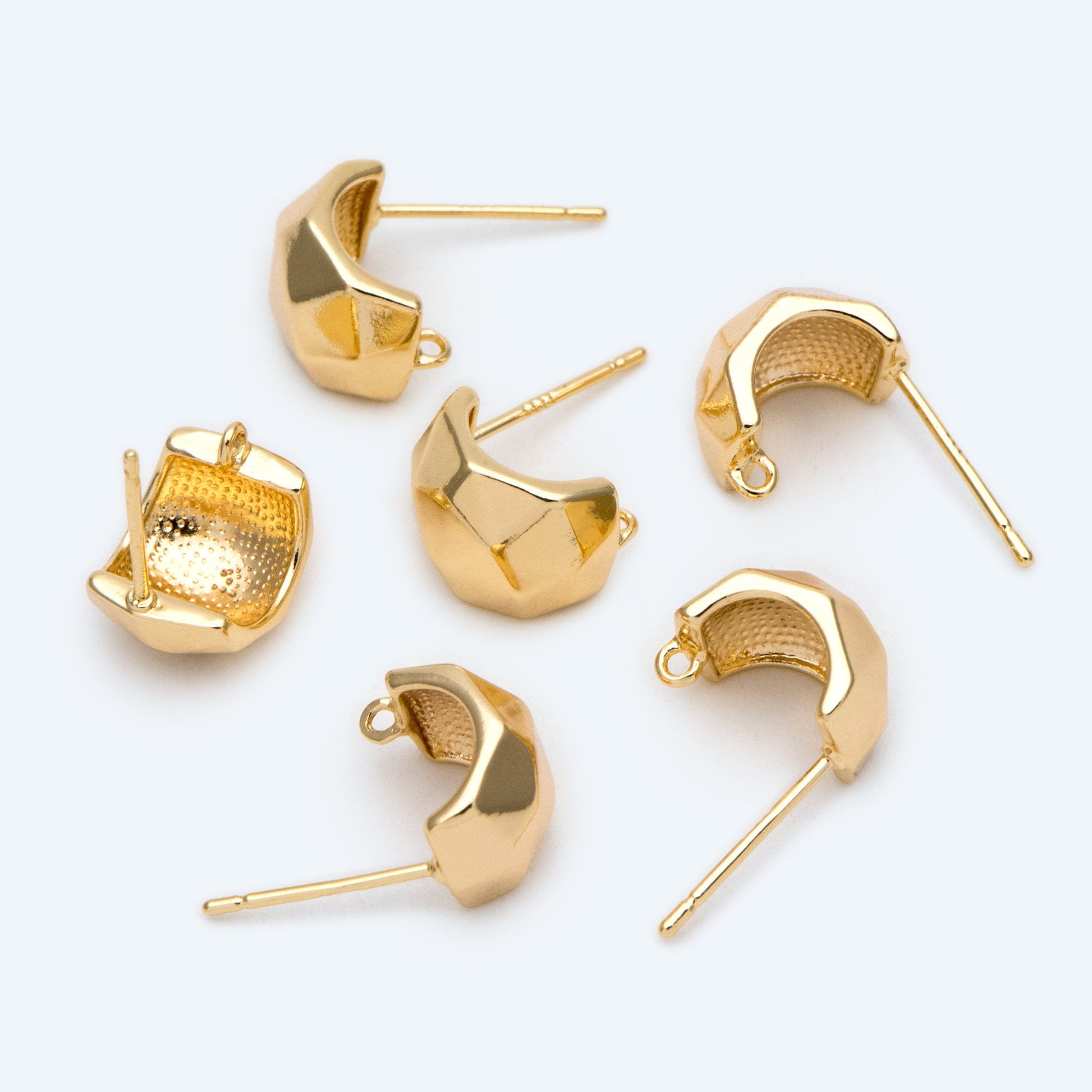 10pcs Gold Faceted Ear Post with Loop, Gold plated Brass, Geometric Stud Earrings (GB-2623)